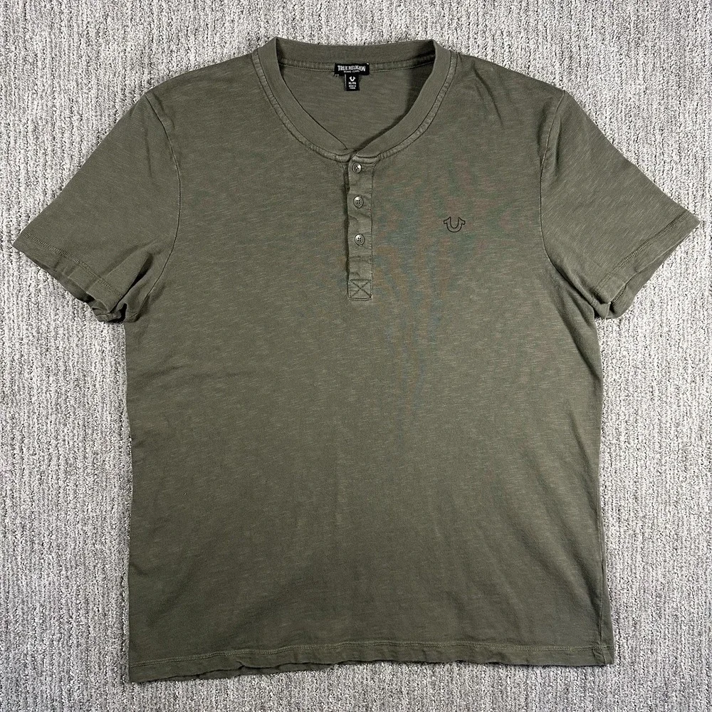 True‎ Religion Shirt Mens XL Olive Green Henley Short Sleeve Casual Button